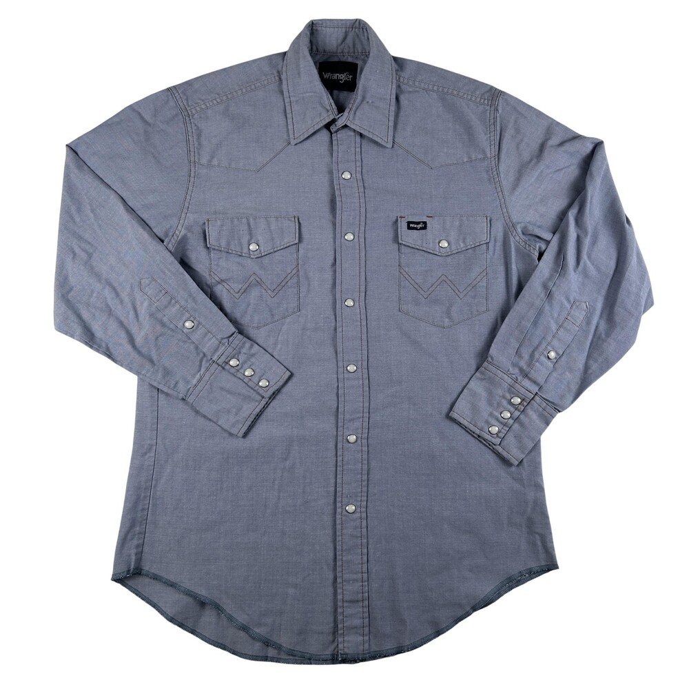 Wrangler Shirt Mens Medium 15.5x33 Long Sleeve Western Snap Pockets Chambray